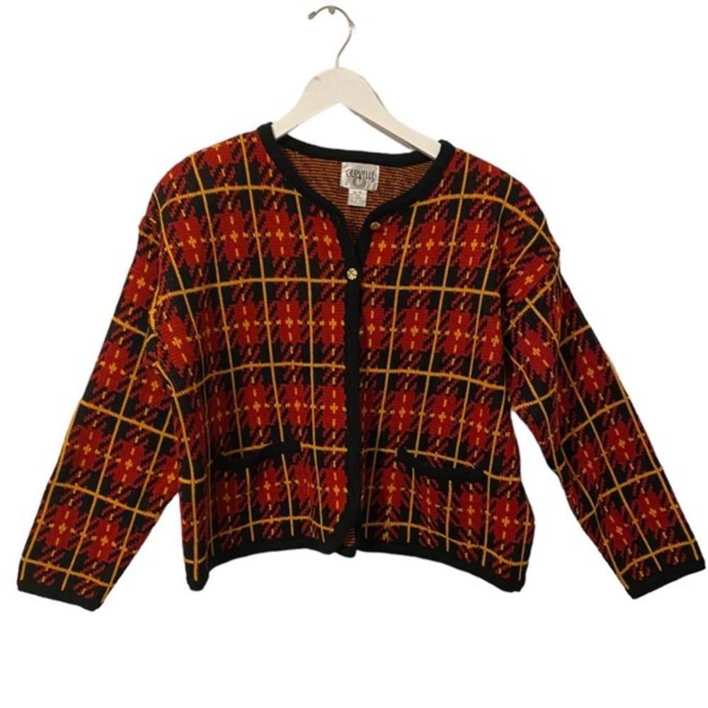 Vintage Cervelle Check Print Red Cardigan. Size XL